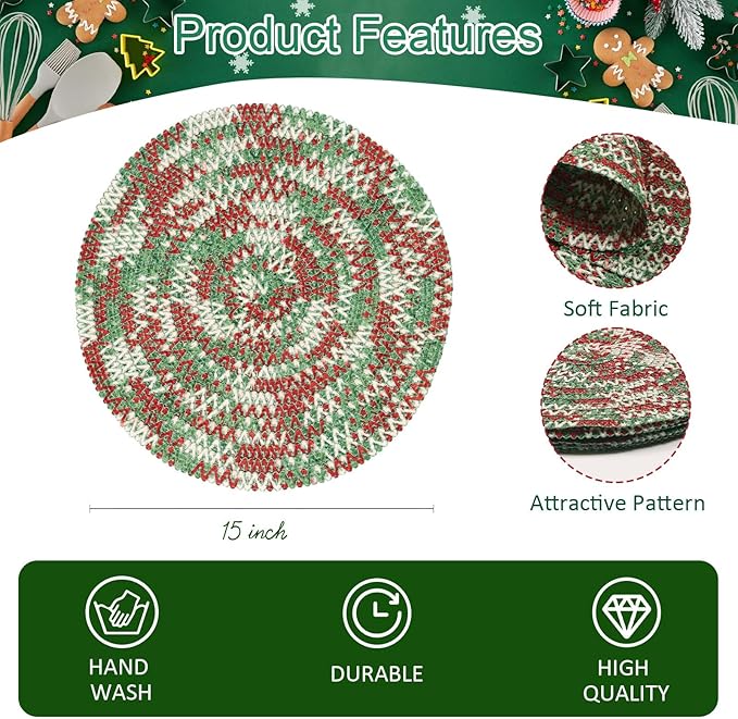 Noctiflorous 15 Inch Round Placemats Set of 12 Durable Braided Woven Heat Resistant Table Mats for Indoor Outdoor Non Slip Dining Table Place Mats(01 Christmas, 12)