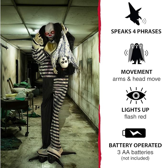 Haunted Hill Farm Life-Size Animatronic Scary Talking Clown with Doll, Motion, Touch Activated Lights, and Sounds, Indoor or Covered Outdoor Halloween Decorations, Battery Operated Halloween Props