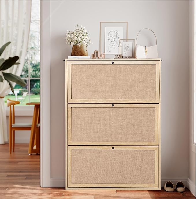 AVZEAR Narrow Shoe Storage Cabinet for Entryway with Natural Linen Panel, Freestanding Slim Shoe Cabinet with 3 Flip Drawers, Wood Shoe Organizer Closed Shoe Rack for Hallway, Living Room(Natural)