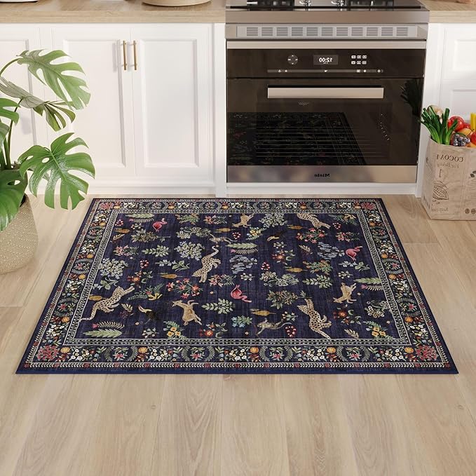Door Mat Indoor Entrance 2x3 Rug Machine Washable Boho Floral Animal Small Area Rug Non-Slip Low Pile Throw Rugs for Entryway, Kitchen, Front Door Indoor Entrance, Entry, Kids Room (Blue)