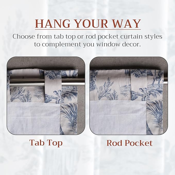 Maison d' Hermine Curtains for Living Room 100% Cotton 124 inch Length One Panel Light Filtering Toile Curtains for Bedroom Windows with Rod and Loop Pockets Drapes (The Miller Denim, 50" W x 124" L)
