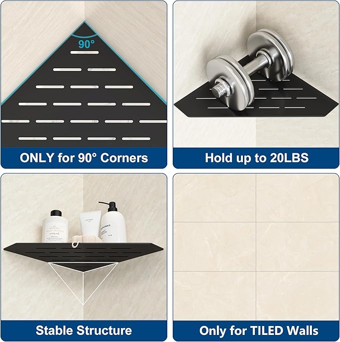 Matte Black Corner Shelf, Floating Corner Shelves for Tile Wall, Tile Shower Shelf, 304 Stainless Steel Wall Storage Shelves for Bathroom, No Drilling, 10 Inch, 1 Pack