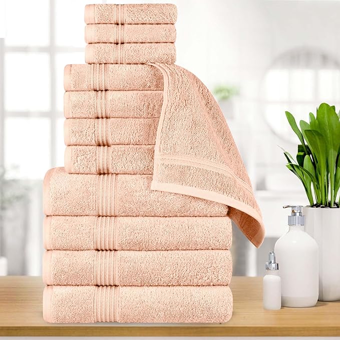 Superior Egyptian Cotton 12-Piece Towel Set, Assorted Towels for Home Bathroom, Guest Bath Decor Essentials, Includes 4 Bath, 4 Hand, 4 Face Towels/Washcloths, Quick Dry, Absorbent - Peach