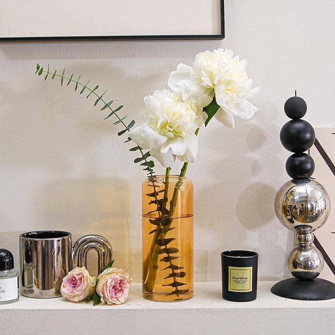 ComSaf Glass Flower Vase, 8 Inch Tall Bud Vases, Home Decor Vases for Centerpiece for Living Room and Bedroom, Decorative Vases for Wedding, Valentines' Day, Mother's Day (Amber)
