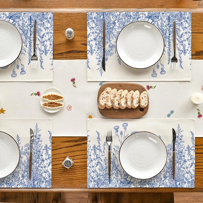 Artoid Mode Blue Antique Herbs and Wild Flowers Spring Placemats Set of 4, 12x18 Inch Seasonal Table Mats for Party Kitchen Dining Decoration