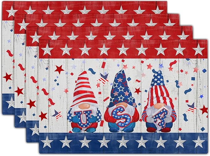 Giwawa Patriotic Gnomes Placemats 12x18inch 4th of July USA Elf American Stars Place Mat Set of 4 for Kitchen Dining Independence Day Heat Resistant Table Mats for Tabletop Holiday Decor