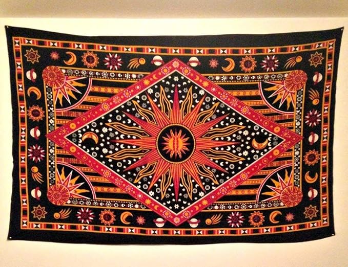 Hippie Mandala Sun and Moon Maditation Poster Wall Hanging Tapestry For Bedroom Indian Golden Burning Sun Stars Psychedelic Popular Mystic Beach Blanket 54 x 60 Inch
