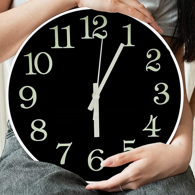JoFomp Glow in The Dark Clock, 12" Non-Ticking Silent Luminous Wall Clock, Battery Operated Modern Quartz Clocks, Easy to Read for Home Kitchen Office Bedroom