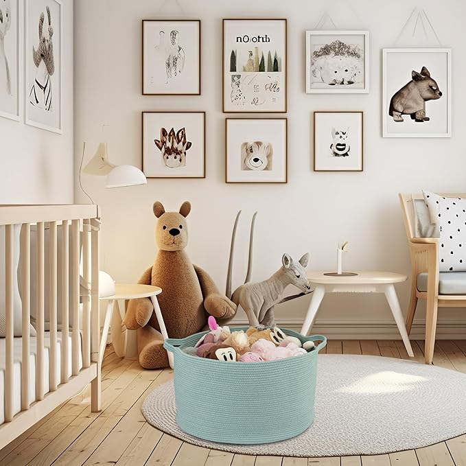 Large Cotton Rope Basket Blankets Basket Living Room 22"x14" Toy Basket for Kids Dogs Rope Storage Basket for Nursery Woven Laundry Basket for Clothes Towels Baby Toy Storage round light green
