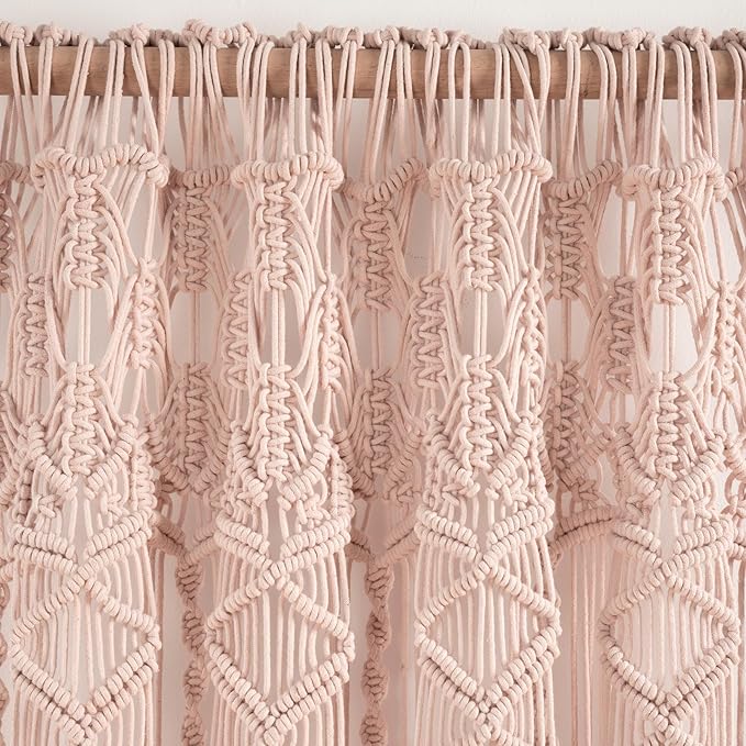 Lush Decor Boho Macrame Textured Cotton Window Curtain Panel, Single Panel, 40" W x 84" L, Blush - Doorway Curtain - Room Divider, Wedding Or Wall Decor - Boho Curtain - Macrame Curtains for Windows