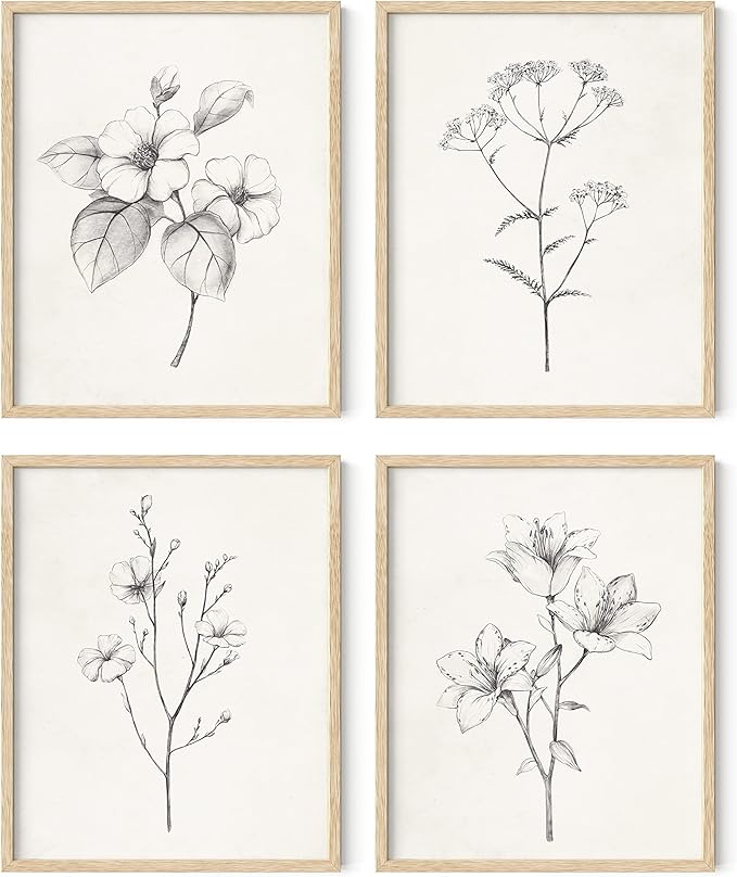 HAUS AND HUES Grey Floral Wall Art - Set of 4 Plant Posters for Wall Vintage, Botanical Prints, Black and White Flower Pictures for Room Aesthetic, Farmhouse Bathroom, Rustic Art (Beige Frame, 8x10)