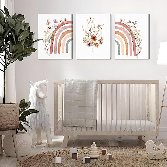 AKWISH Boho Wall Decor Set of 3, Rainbow Canvas Wall Art Paintings Prints, Cute Boho Wildflowers Posters Nursery Wall Decor for Kids Room Baby Room Classroom Bedroom Decor 12x16 inch Framed