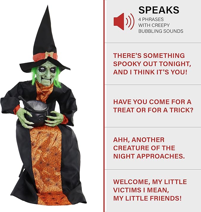 Haunted Hill Farm Sitting and Talking Witch Halloween Animatronic with Moving Mouth and Light-Up Mini Cauldron for Scary Halloween Decorations, Spooky Halloween Props, Perfect for Tabletop