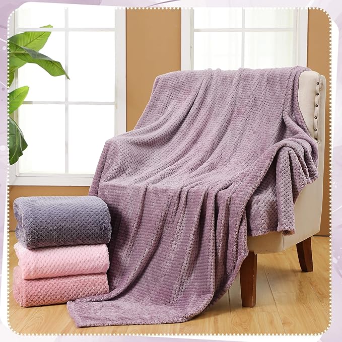 Newwiee 4 Pcs Flanne Fleece Throw Blanket for Bed Couch Large 3D Waffle Textured Soft Blanket Winter Warm Lightweight No Shedding No Pilling Decorative Throw, 50x60 Inch(Gradient Purple)