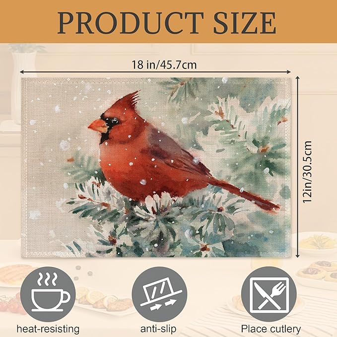 Bird Placemats Set of 6, Cardinal Place Mats Washable Heat Resistant 12×18 Inch Linen Table Mats for Christmas Party Outdoor Dining Décor