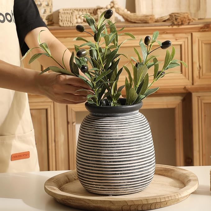Ceramic Rustic Vase,7.48" Flowers Pottery Vases Home Decor Round Wide-Mouth Farmhouse Decorative Vase for Flowers Pampas for Table Living Room Entryway Mantel Shelf Kitchen Bathroom Bedroom