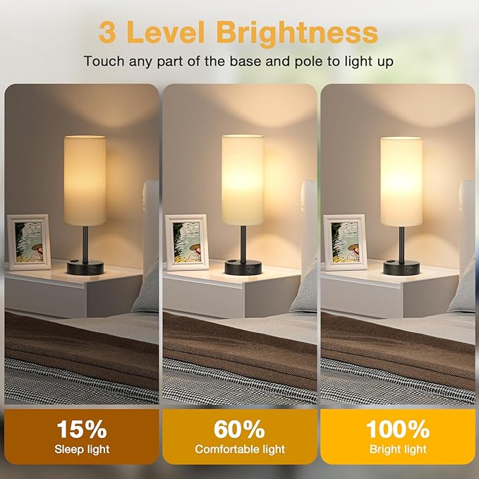 White Bedroom Lamps Set of 2-3 Way Dimmable Touch Table Lamps with USB C and A Ports, Bedside Lamps for Nightstand with AC Outlet, Small Desk Lamps with Black Base for Office Hotel