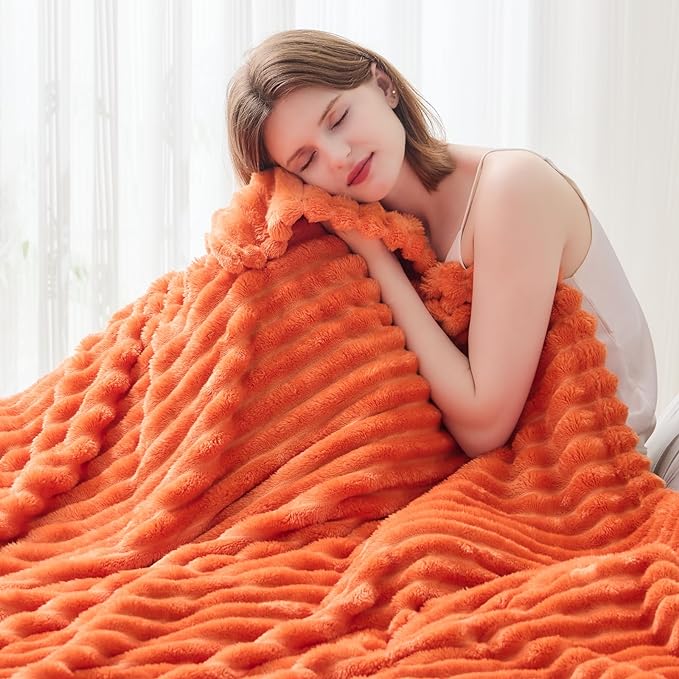 NEWCOSPLAY Super Soft Fall Twin Blanket Orange Premium Silky Flannel Fleece 3D Ribbed Jacquard Lightweight Bed Blanket All Season Use (Orange Ribbed, Twin(60"x80"))