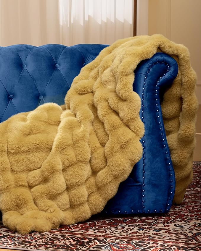 Ultra Soft Cozy Faux Fur Throw Blanket, Fuzzy Plush Thick Bubble Blanket, Oversize Luxury Fluffy Blanket for Couch, Sofa, Bedroom, and Living Room, Gifts for Women and Girls, 50x60 Inches, Dark Yellow