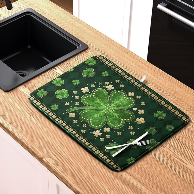 St Patrick's Day Green Shamrock Dish Drying Mat for Kitchen Counter 18x24 Inch Lucky Clover Check Plaid Drying Mat Spring Microfiber Dish Drainer Mat Super Absorbent Dish Rack Pad for Coffee Bar Sink