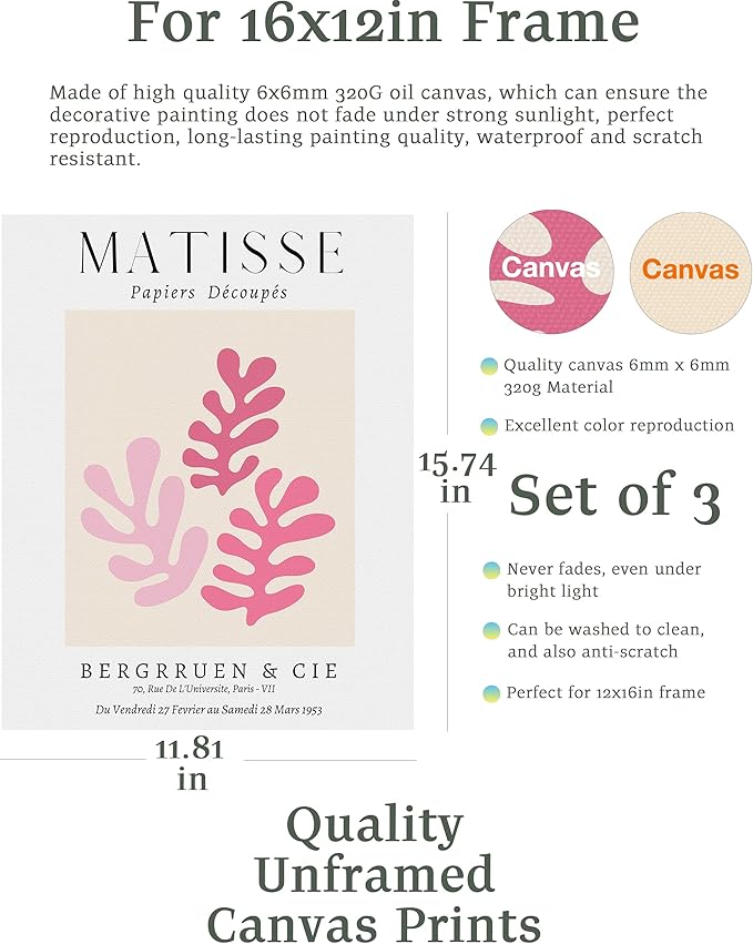 Matisse Wall Art Decor Set of 3,Abstract Matisse Wall Art Exhibition Posters,Unframed sage Pink wall art,Truly Quality Canvas Prints for 12x16in,Art Poster Decoration for Kitchen,