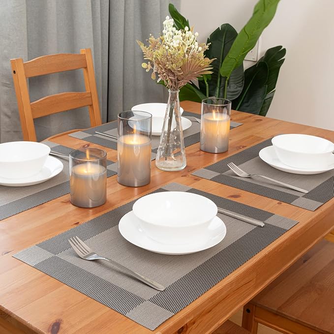 Winknowl Placemats for Dining Table Set of 6 Waterproof, Woven Place Mats for Kitchen Table Vinyl Heat Insulation Stain Resistant Placemats (Gray)