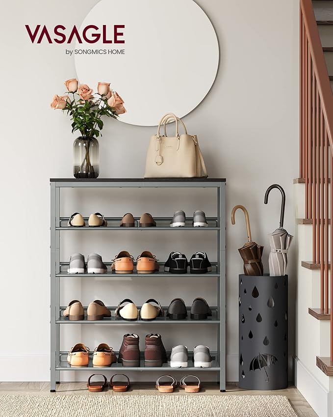 VASAGLE Shoe Rack for Entryway, 5-Tier Shoe Rack Organizer with Storage Shelves and Spacious Top, Freestanding, Adjustable, Industrial, Charcoal Grey and Metallic Silver ULBS038E22