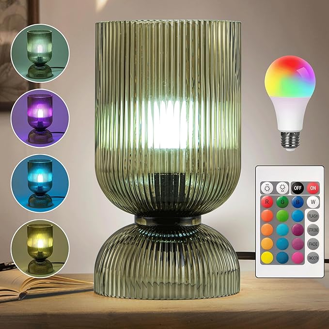 Modern RGB Glass Table Lamp with Remote,Color Changing Bedside Lamp with Green Glass Shade, 16 Colors, On/Off Cord Switch, Nightstand Lamp for Bedroom, Living Room, Office,Bulb Included