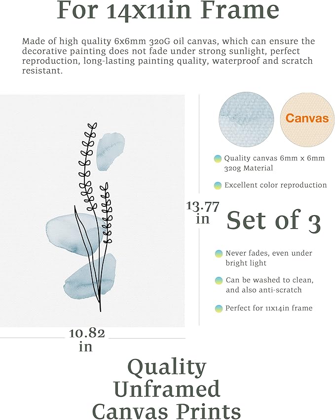 HesenDot Boho Art wall Décor,Botanical Print Set of 3, Blue Gallery Wall art,Abstract Line Watercolor Floral Home Decor,living room,bedroom