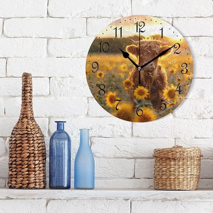 ALAZA Wall Clock Highland Cows Sunflowers Silent Non-Ticking Decorative Wall Clocks Battery Operated 10 Inch for Home Living Room Kitchen Bathroom Bedroom