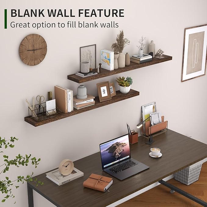 Marsmiles Wood Floating Shelves for Wall Set of 2, 48 Inch Wide Rustic Wooden Floating Shelves, Invisible Wall Mounted Display for Living Room Bedroom Kitchen Bathroom Office, Rustic Brown