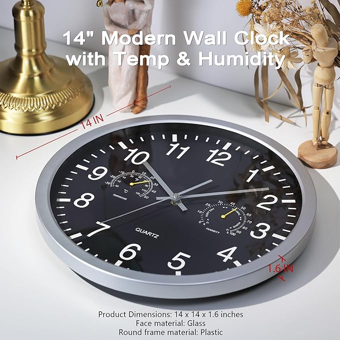 AYRELY® 14 Inch Silent Large Wall Clock with Temperature & Humidity – Battery Operated Decorative Clock for Home, Kitchen, Bedroom (Black, 14 Inch)