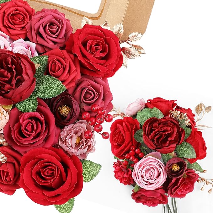 AmyHomie Red Artificial Flowers Combo Silk Mix Peony Rose Fake Flowers w/Stem for Valentine's Day DIY Wedding Bouquets Centerpieces Table Fall Decor Party Bridal Baby Shower Home Decorations