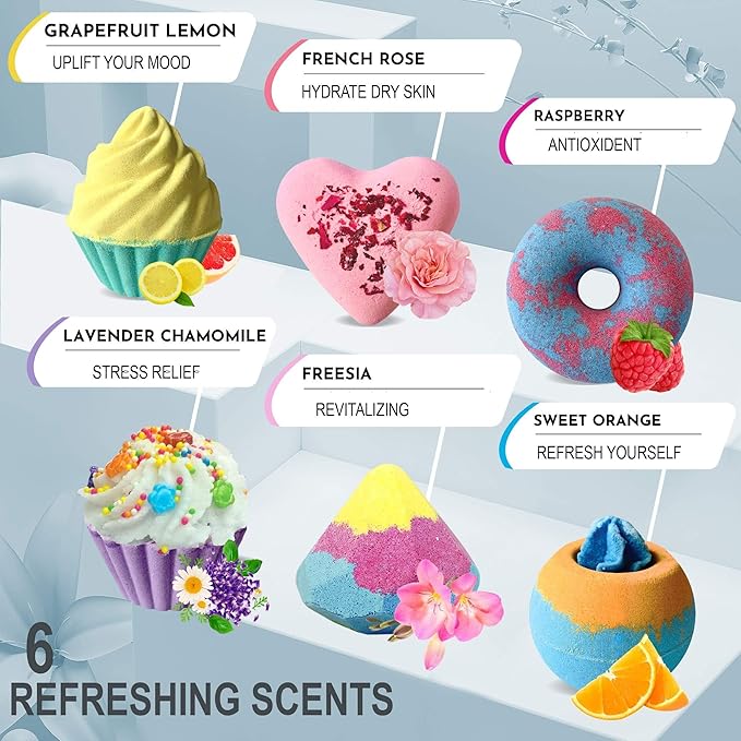 Bath Bombs Gift Set - 6pc Aromatherapy Natural Bath Bombs with Organic Ingredients, Skin Moisturizing Bubble Bath Fizzy, Gentle for Kids, Relaxing Birthday BathBombs for Girls, Women, Kids