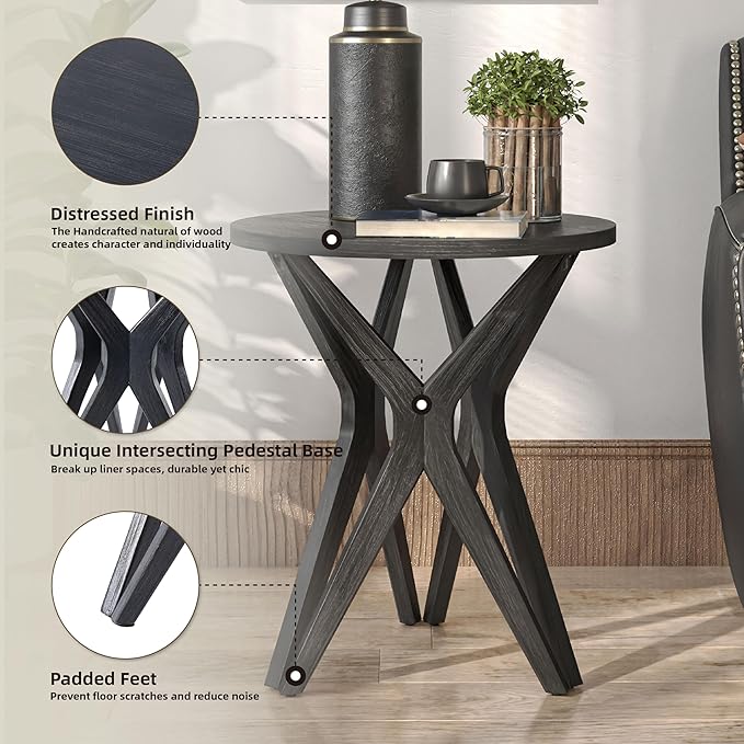 LONYKE Pedestal Farmhouse End Table, Distressed Top with Tripod Base Bedside Table for Living Room, Modern, Boho Decor, Round (1 Pack, Distressed Black)