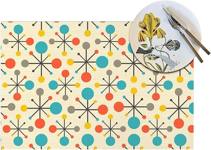 Mid Century Fifties Modern Atomic Retro Placemats Set of 4 Yellow Kitchen Table Mats for Dining Farmhouse Holiday Home Decor Linen Washable Place Mats 12"x18"