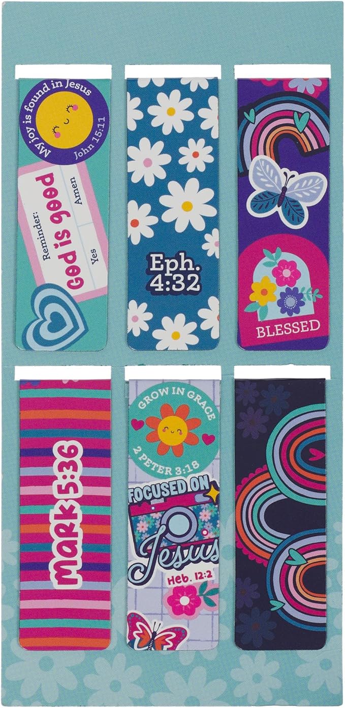 Christian Art Gifts Magnetic Inspirational Scripture Bookmark Set for Girls: Encouraging Bible Verses, Multicolor Pink & Teal Floral Rainbow Theme Pagemarkers for Books, Bibles, Fridges, 6 Piece Set