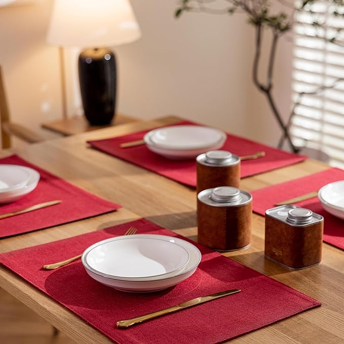 Demetex Red Placemats Set of 4 Wipeable Linen Place Mats Heat Resistant Cloth Placemats for Party Holiday Dinner, 13 x 19 inches, Wine Red