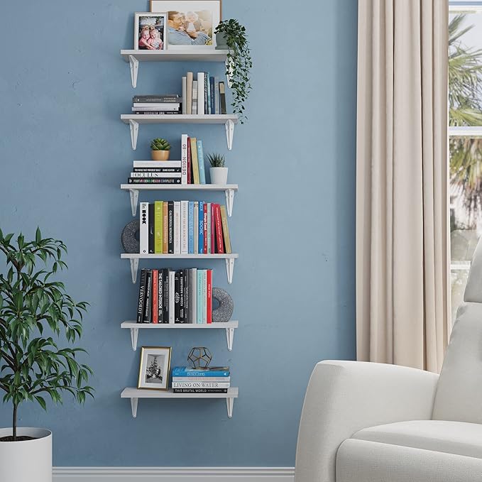 Wallniture Arras 17" x 6" Floating Shelves for Storage, Wall Bookshelf Living Room Decor, Wall Shelves for Kitchen, Bathroom Floating Shelf, Dining Room, Storage Shelf, Set of 6, White, Wood