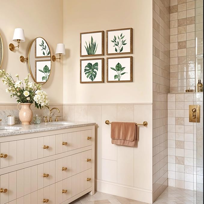 ArtbyHannah Framed Bathroom Wall Decor, Botanical Wall Art with Sage Green Plant Print for Bedroom Decoration, Minimalist Restroom Decor(Walnut, 8x8 Inch)