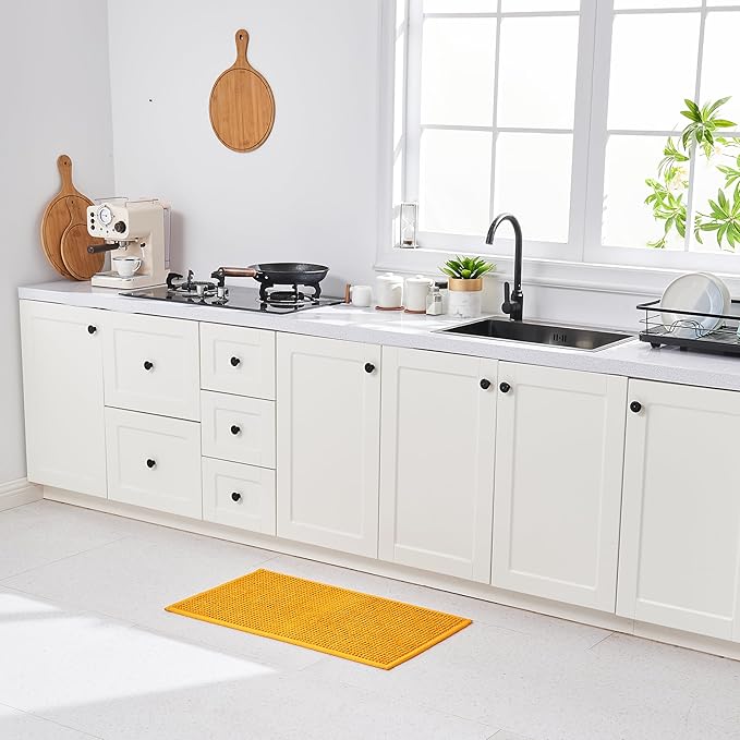 Douceur Chenille Waffle mat with Patented noslip Backing, Acrylic Blend Chenille Absorbent Bathroom Rugs, Cushioned mesh Backed Bath Rug Machine Washable, 18" x 32", Mustard Yellow