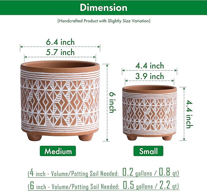 D'vine Dev Set of 2 Terracotta Planter Pots, 4 Inch & 6 Inch, Design Plants Pot with Drainage Hole, Savanna Weave, Terracotta/White, 31-953-G-1