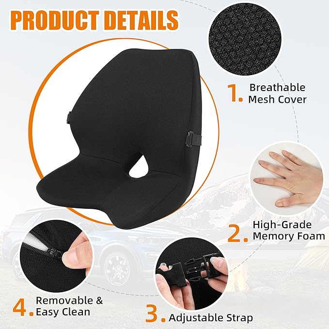 MABOZOO Lumbar Support Pillow for Car, Memory Foam Lumbar & Back Support Pillow Coccyx Cushion for Driving Seat, Seat Cushion & Lumbar Support Pillow Set for Long Time Driving