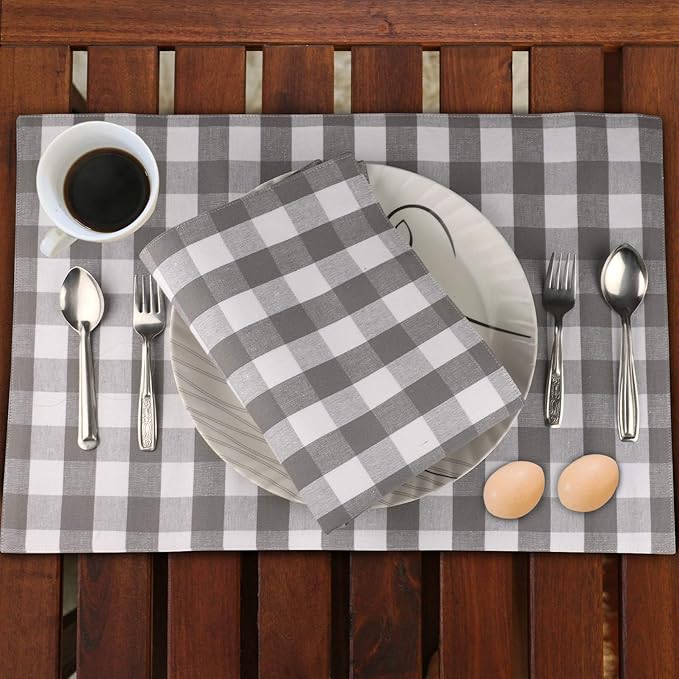 Urban VillaPlacemats for Dining Table 100% Cotton Placemats 14''x20'' Over Sized Tablemats Set of 6 Placemats Grey/White Buffalo Check Tablemats for Family Dinners Wedding PartiesPlacemats