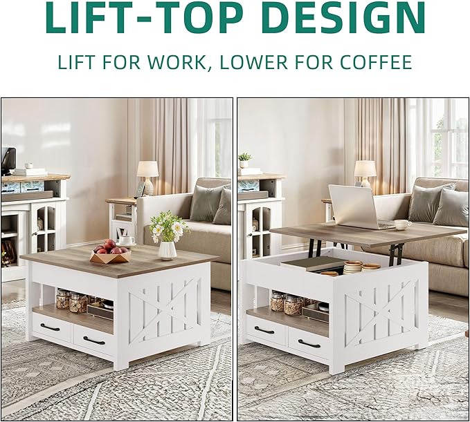 YITAHOME Square Lift Top Coffee Tables for Living Room, Farmhouse Coffee Table with Storage, Small Coffee Tables with 2 Drawers Lifting Top, Wooden Center Table for Home, Grey Wash
