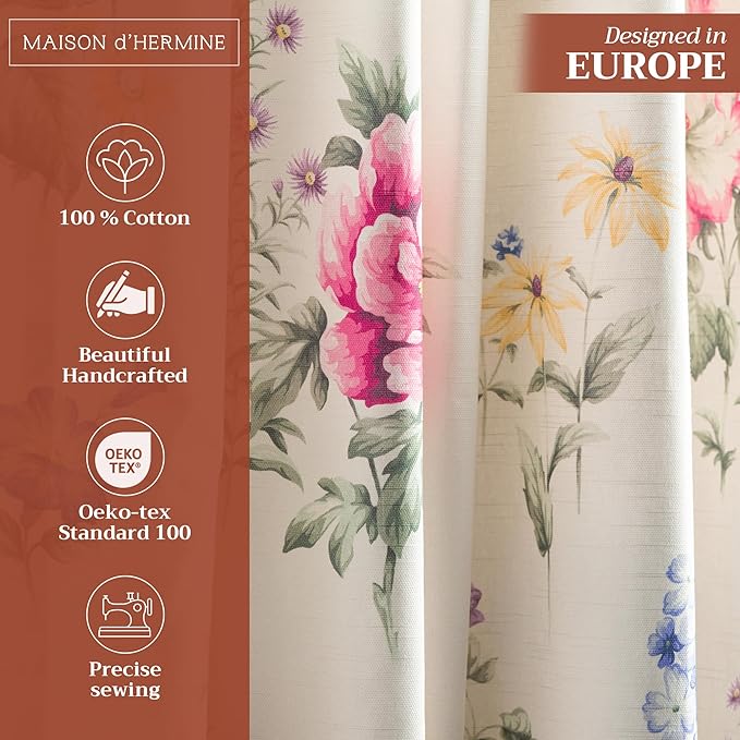 Maison d' Hermine Curtains for Living Room 100% Cotton 124 inch Length One Panel Light Filtering Curtains for Bedroom Windows with Rod and Loop Pockets Drapes (Swyncombe Multicolor, 50" W x 124" L)