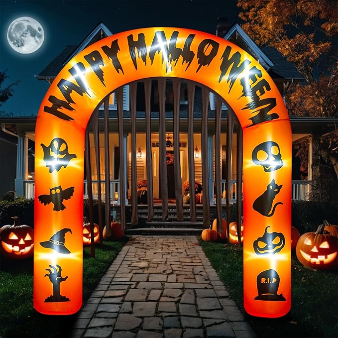 Halloween Arch Inflatables, 8.5ft Pumpkin Archway Outdoor, Blow Up Archway Decoration with Built-in LEDs, Printing with Happy Halloween & Witch Hat Pumpkin&Skull&Cat&Hand, Bats for Yard
