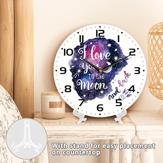 Galaxy Star Vintage Wooden Battery Operated I Love You to The Moon Non Ticking 10 inch Silent Art Bedroom Kitchen Clock Home Decor for Girls Kids