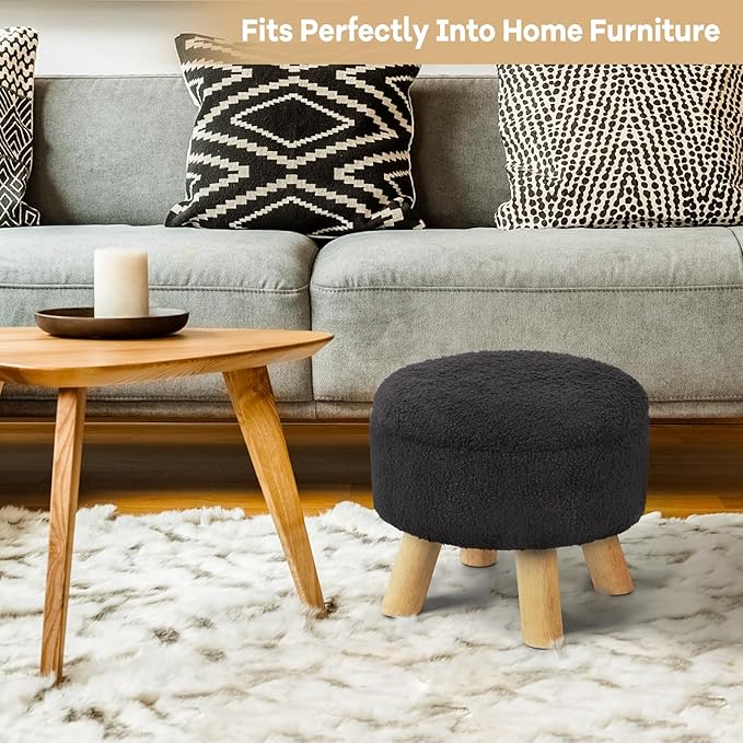 Ottoman Foot Rest, Small Round Ottoman with Storage, Boucle Teddy Velvet Footstool with Wood Legs, Soft Sponge Storage Ottoman for Living Room, Bedroom, Couch, Enterway (Black)