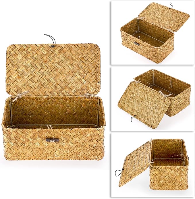 Hipiwe Wicker Shelf Baskets Bin with Lid, Handwoven Seagrass Basket Storage Bins Rectangular Household Basket Boxes for Shelf Wardrobe Home Organizer, Caramel X-Small